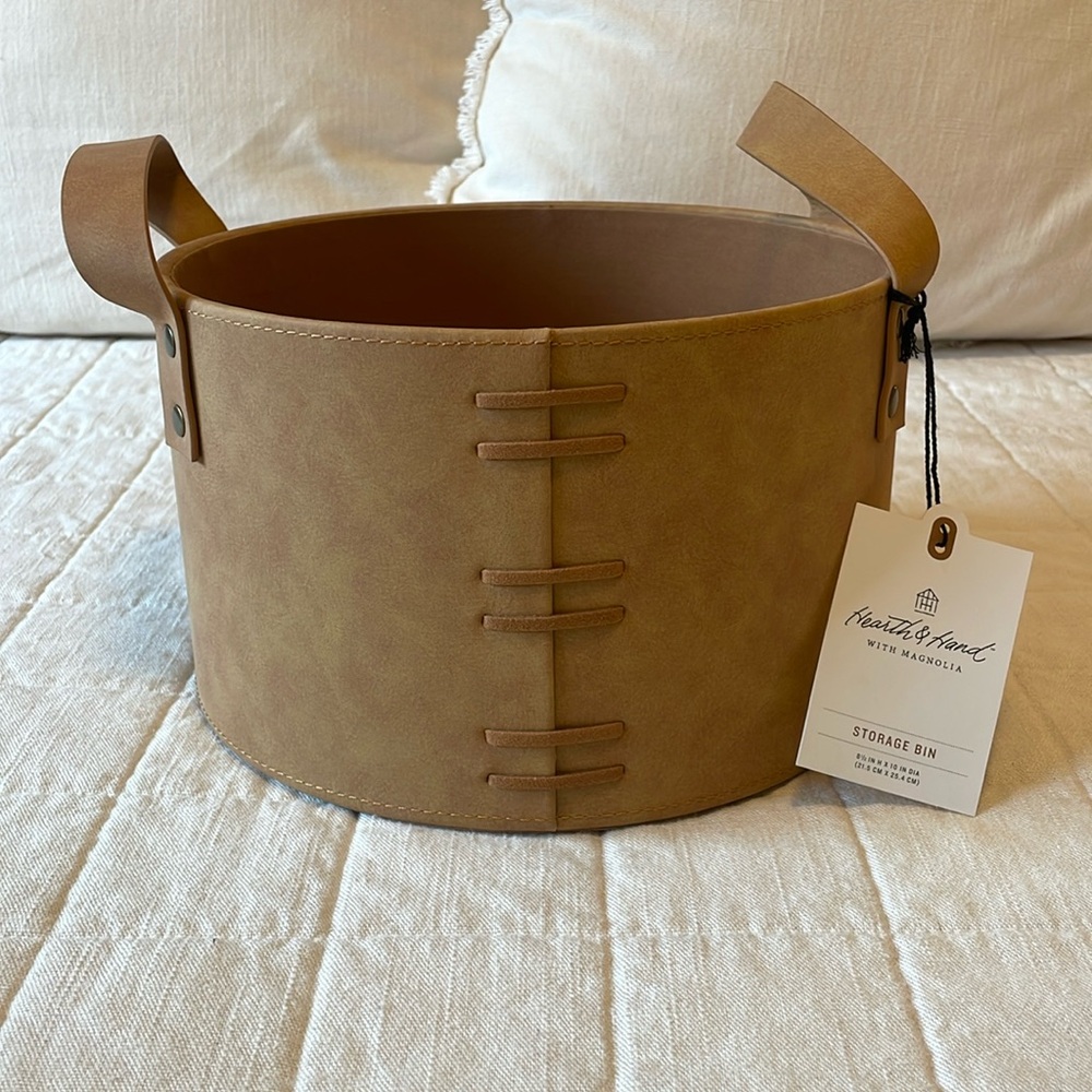 Hearth & Hand Medium Faux Leather Storage Bin Camel Brown NEW
